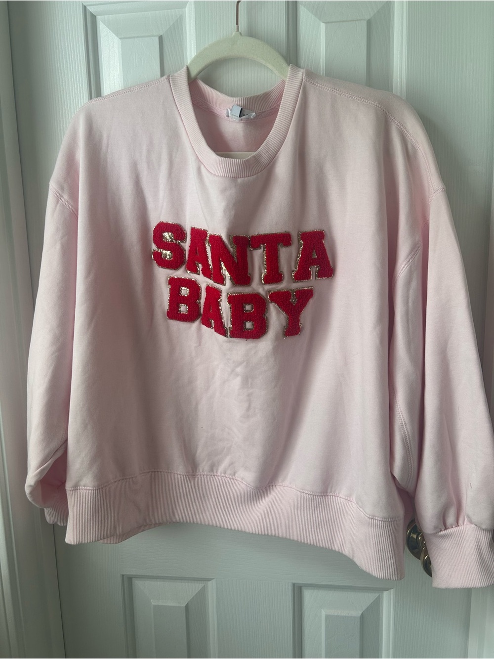 Mary Square Santa Baby Pink Chenille Christmas Sweatshirt